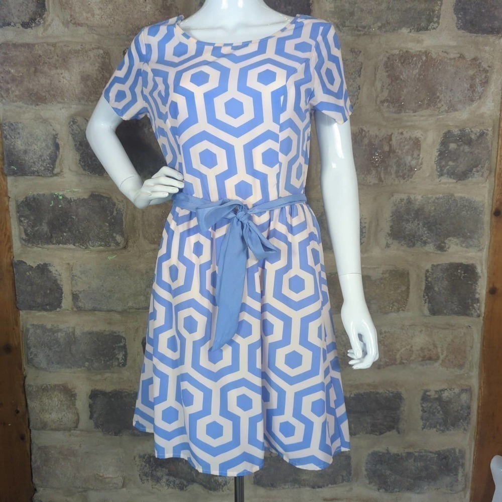 ANNABELLA Dress Geometric Shape Short‎ Sleeve Woman's Size Large Blue White